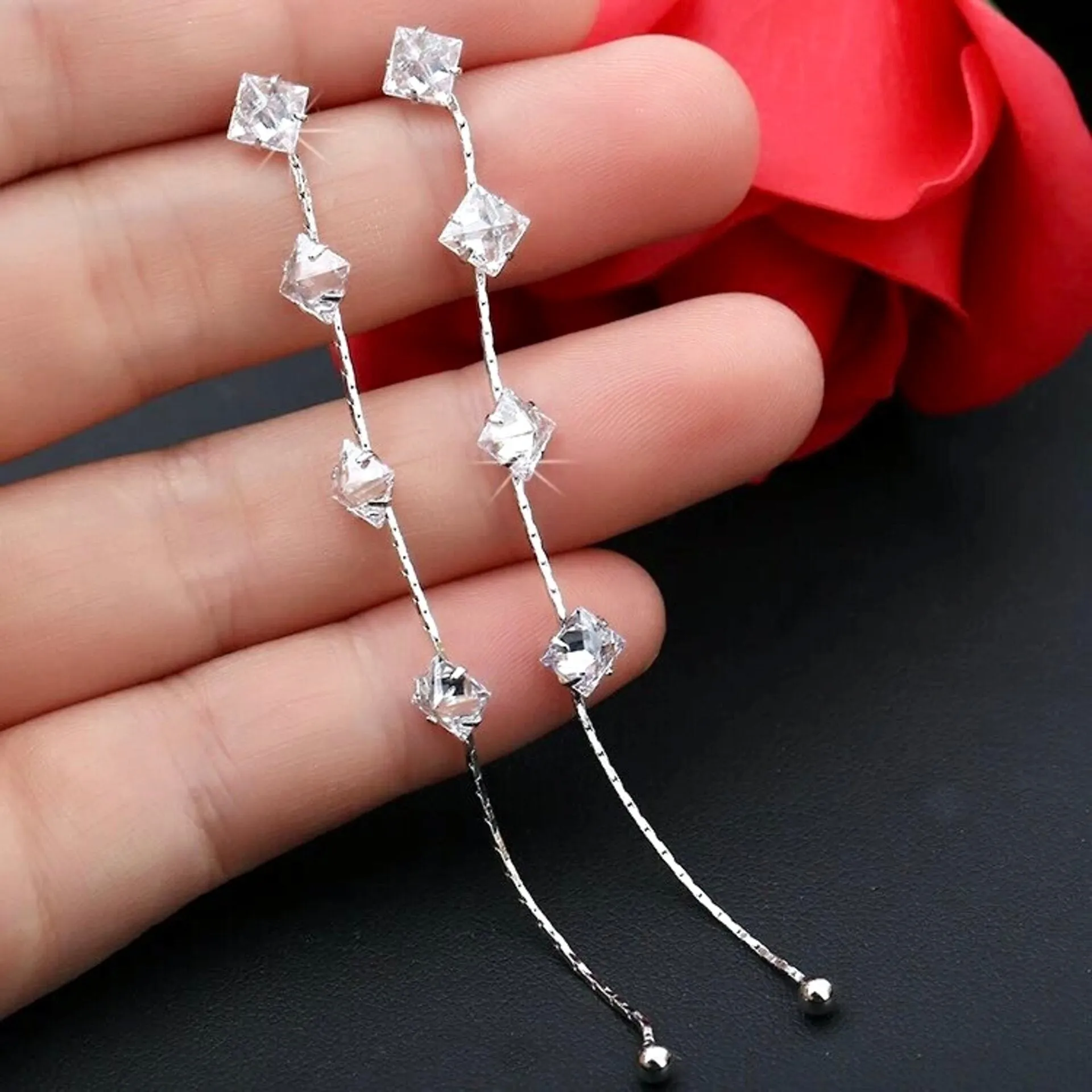 "Lola" - Cubic Zirconia Long Bridal Earrings