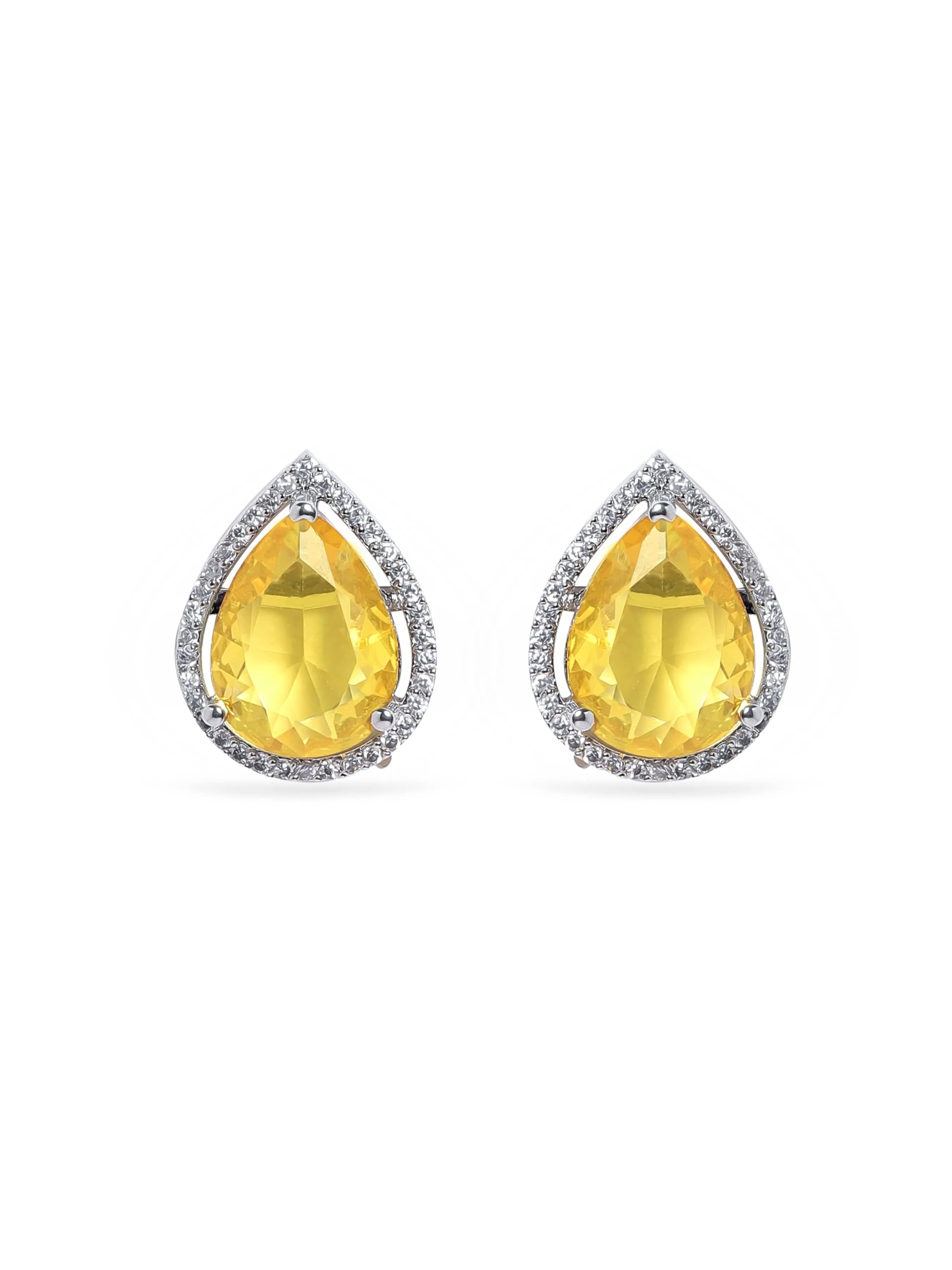 Rubans Rhodium plated Yellow Sapphire Zirconia studded teardrop Zirconia stud earring