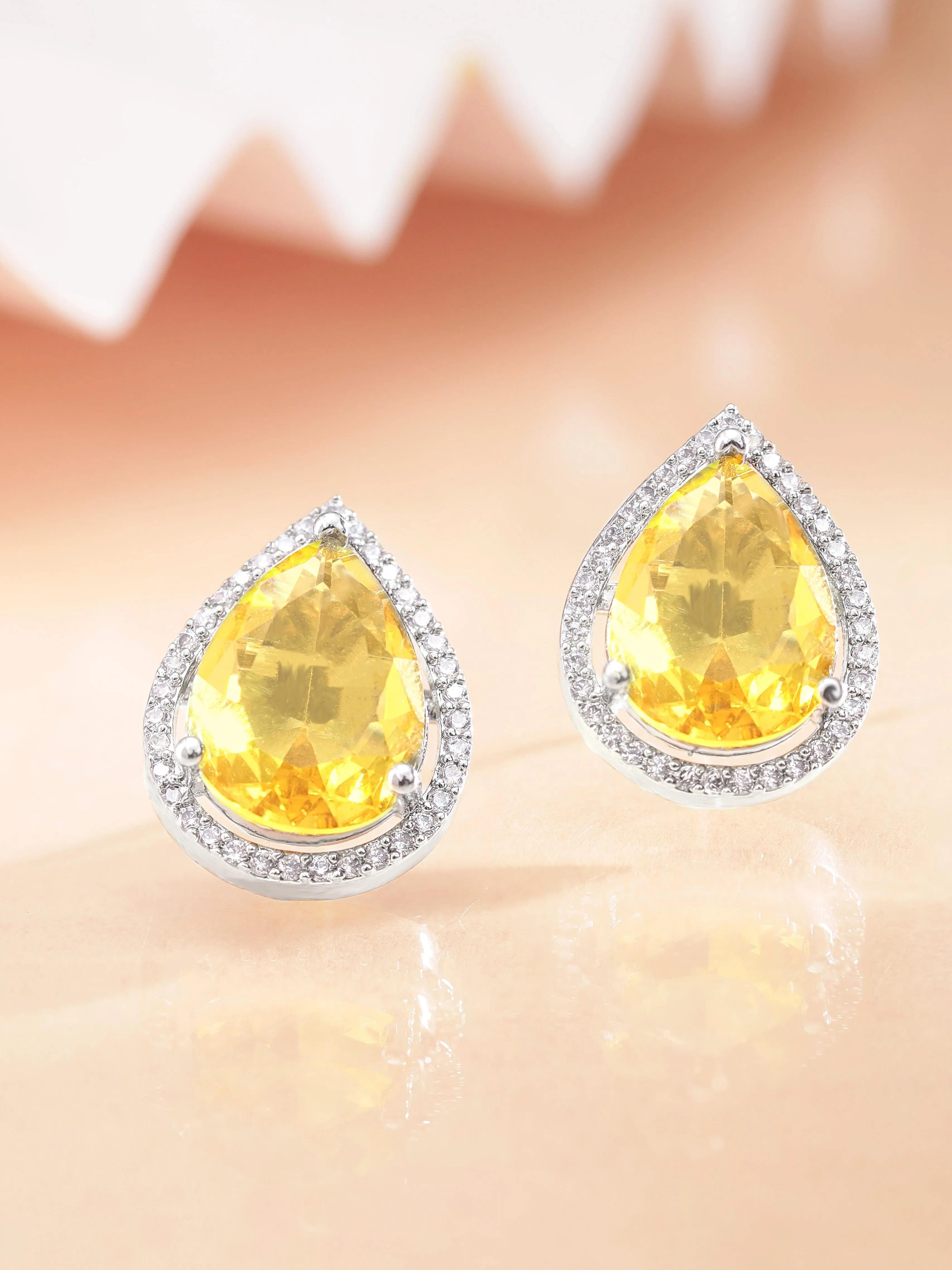 Rubans Rhodium plated Yellow Sapphire Zirconia studded teardrop Zirconia stud earring