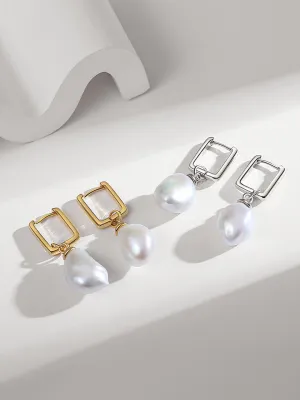 Shaped Baroque Pearls Square HoopsEarrings