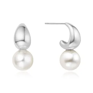 Silver Pearl Dome Hoop Earrings