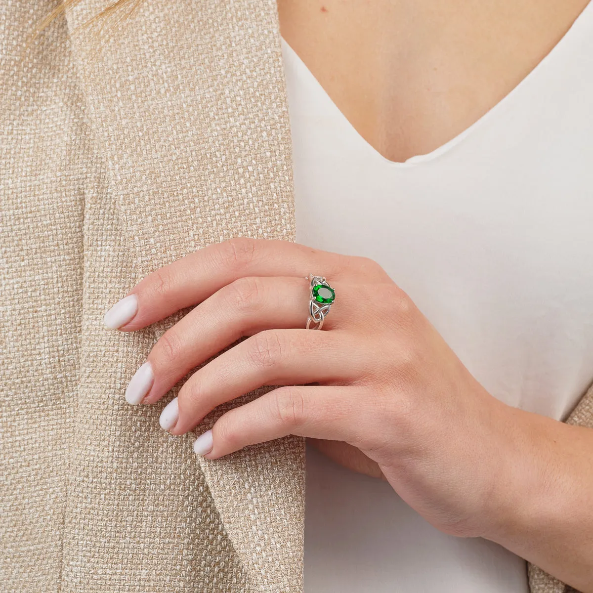 Sterling Silver Green Crystal Trinity Ring