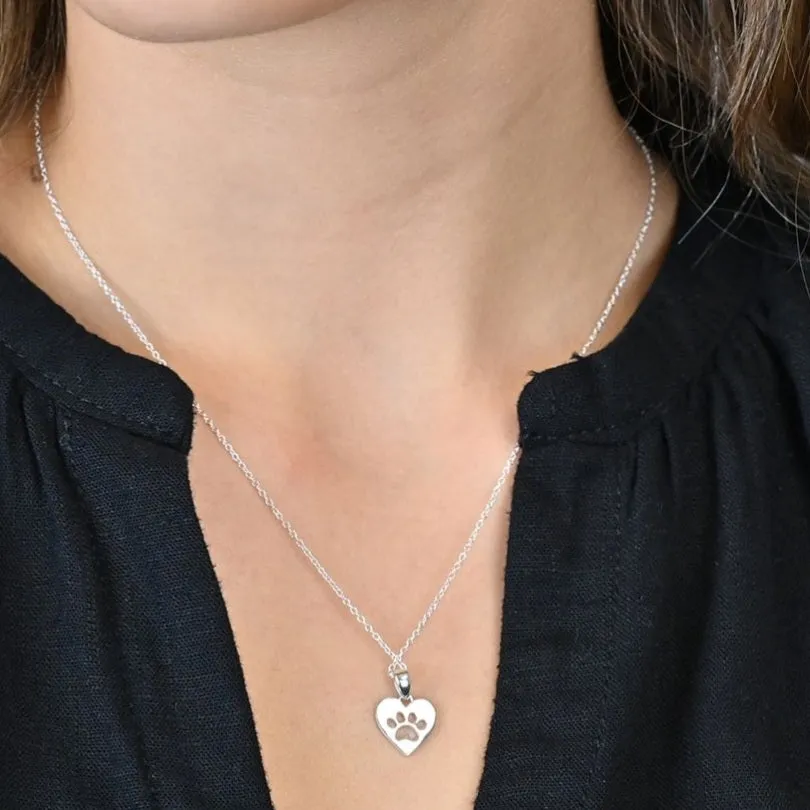 Sterling Silver Heart Paw Print Necklace POM