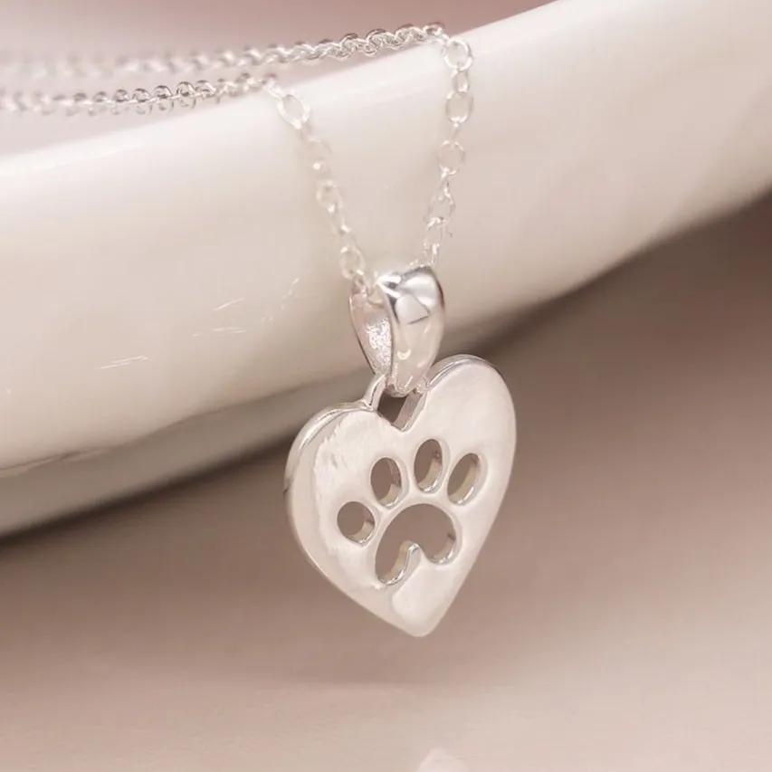 Sterling Silver Heart Paw Print Necklace POM