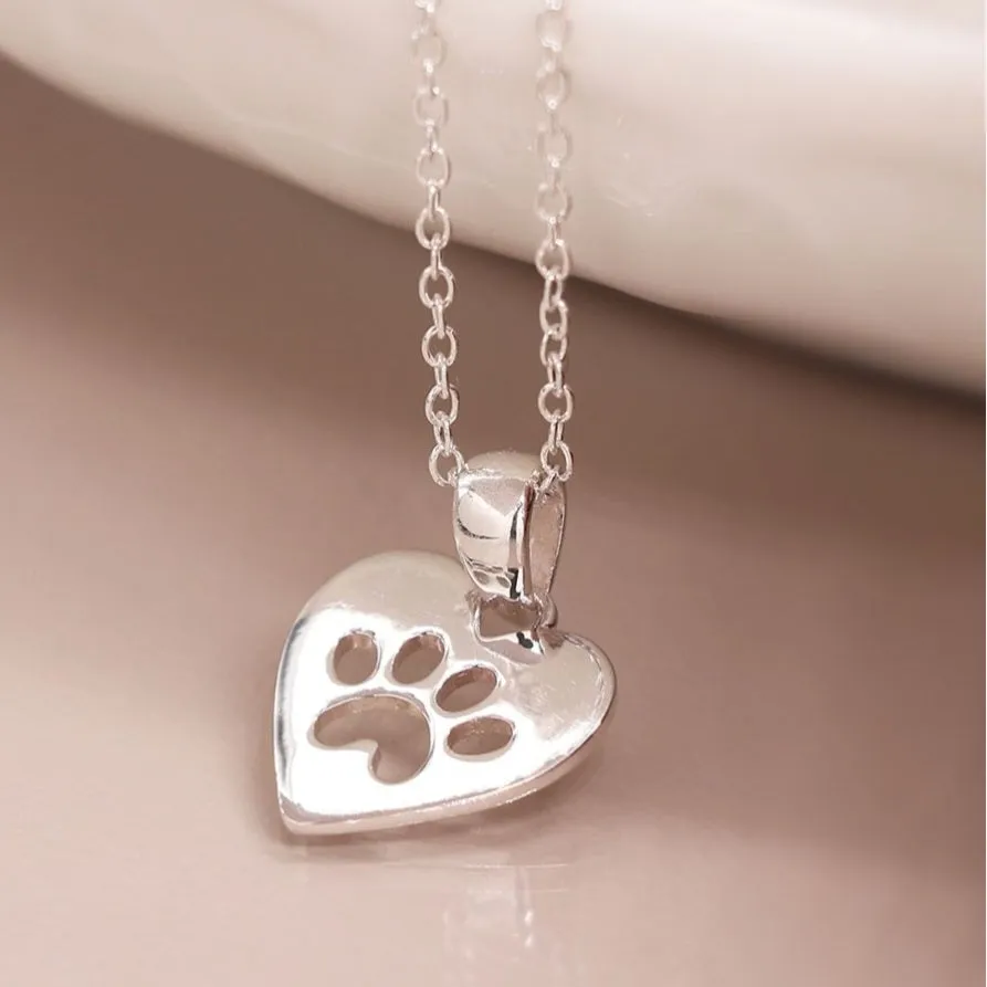 Sterling Silver Heart Paw Print Necklace POM